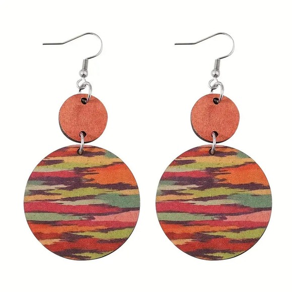 Colorful Stripped Wooden Water Print Double Round Dangle Earrings Bohemian Style - Picture 2 of 2